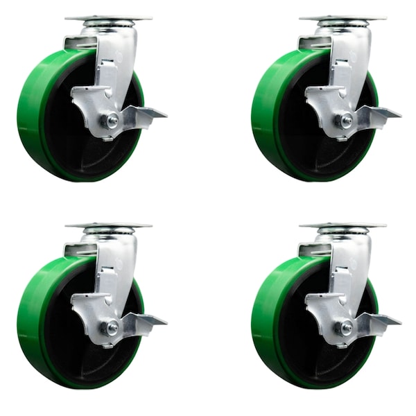 6 Inch Green Poly on Cast Iron Swivel Caster Set with Ball Bearings and Brakes